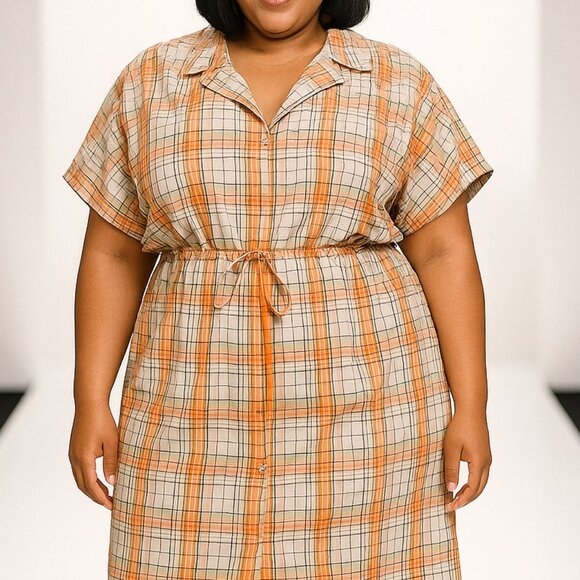 Plaid Drawstring Dress - Casual Collared Short Sleeve Button Down with Pocket - Picture 2 of 8